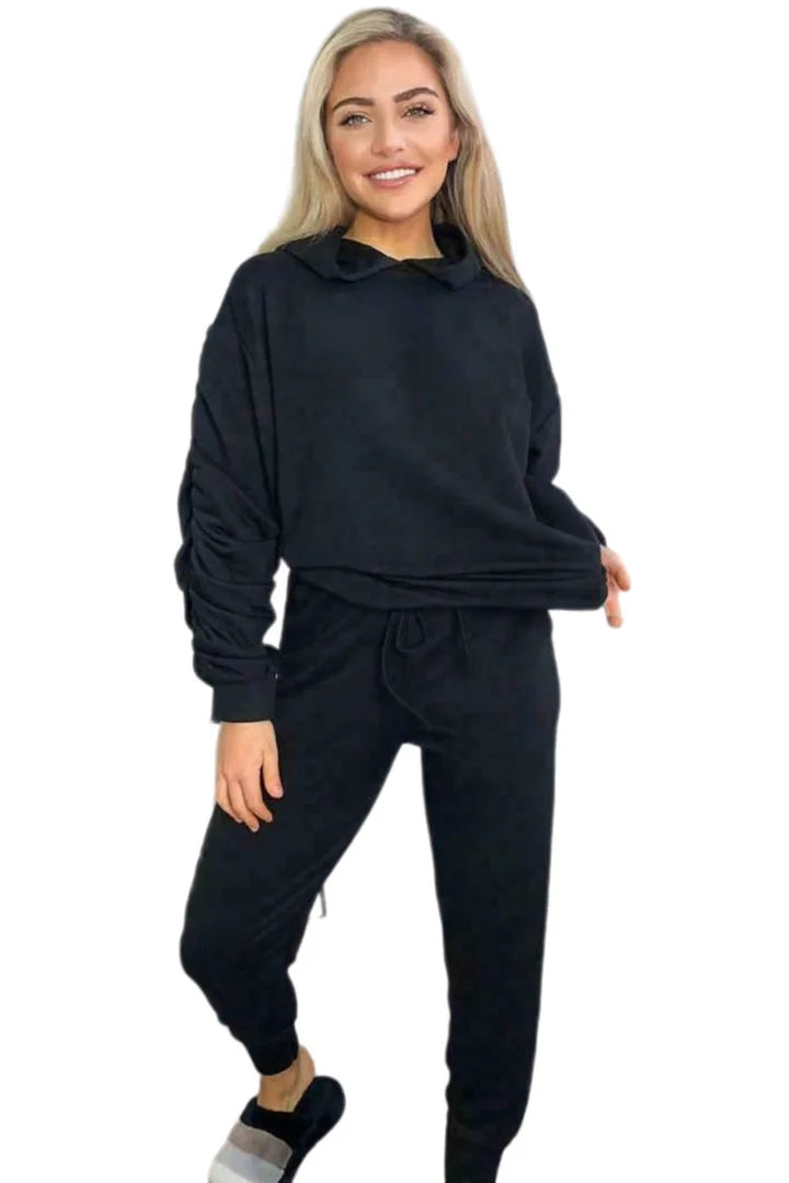 Ladies ruched sleeve hoodie and pants lounge set in Black color