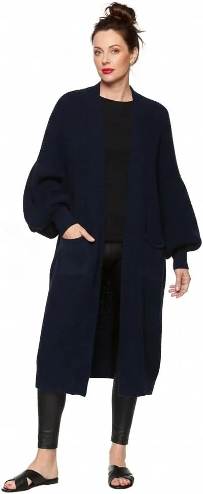 Ladies oversized long cardigan with balloon sleeves and chunky ribbed knit in Navy color
