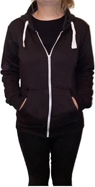 Ladies fleece hooded top with zipper in Black color