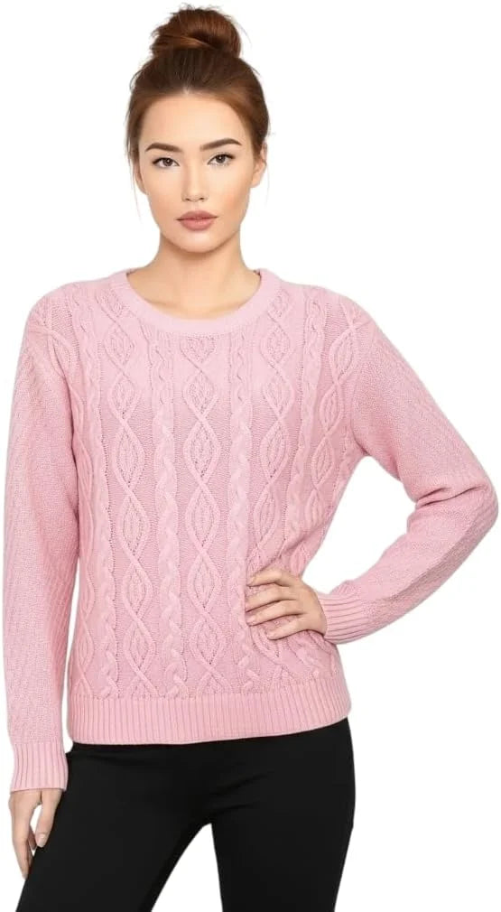 Ladies chunky diamond cable knit long sleeve sweater in Pink color