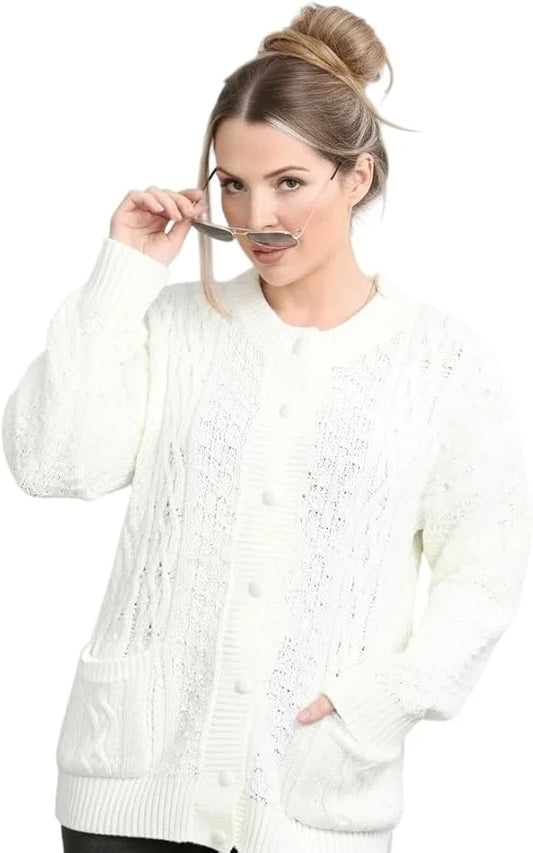 Ladies long sleeve cable knit cardigan with pockets in Cream color