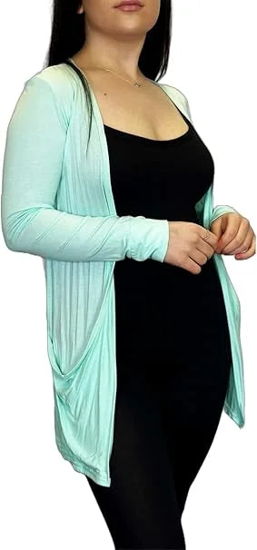 Ladies long sleeve open front pocket cardigan in Mint color