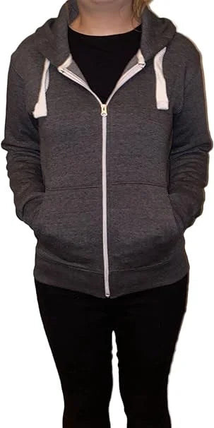 Ladies fleece hooded top with zipper in Charcoal color