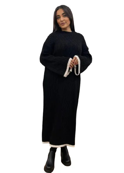 Women’s long knitted dress with contrast edge in Black color