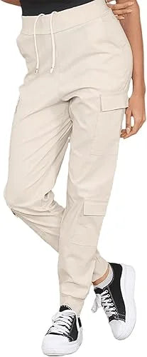 Ladies cargo wide leg pants in Beige color