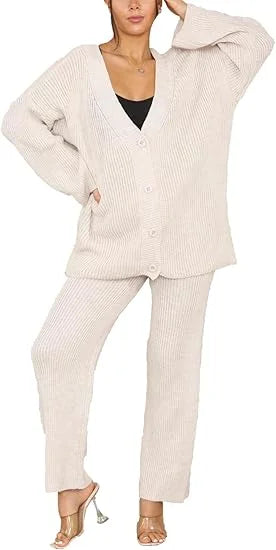 Ladies 2-piece Italian knitted cardigan and wide-leg loungewear co-ord tracksuit set in Beige color