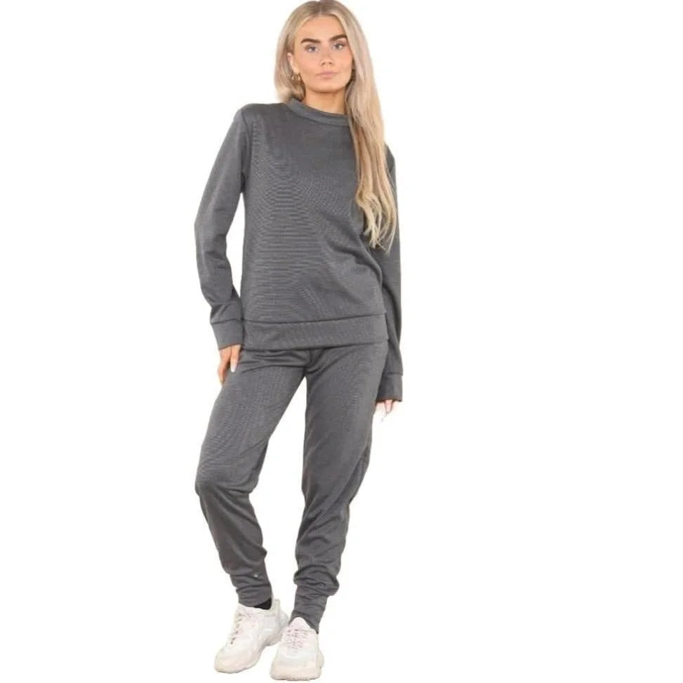 Ladies plain tracksuit joggers and sweatshirt in Charcoal color