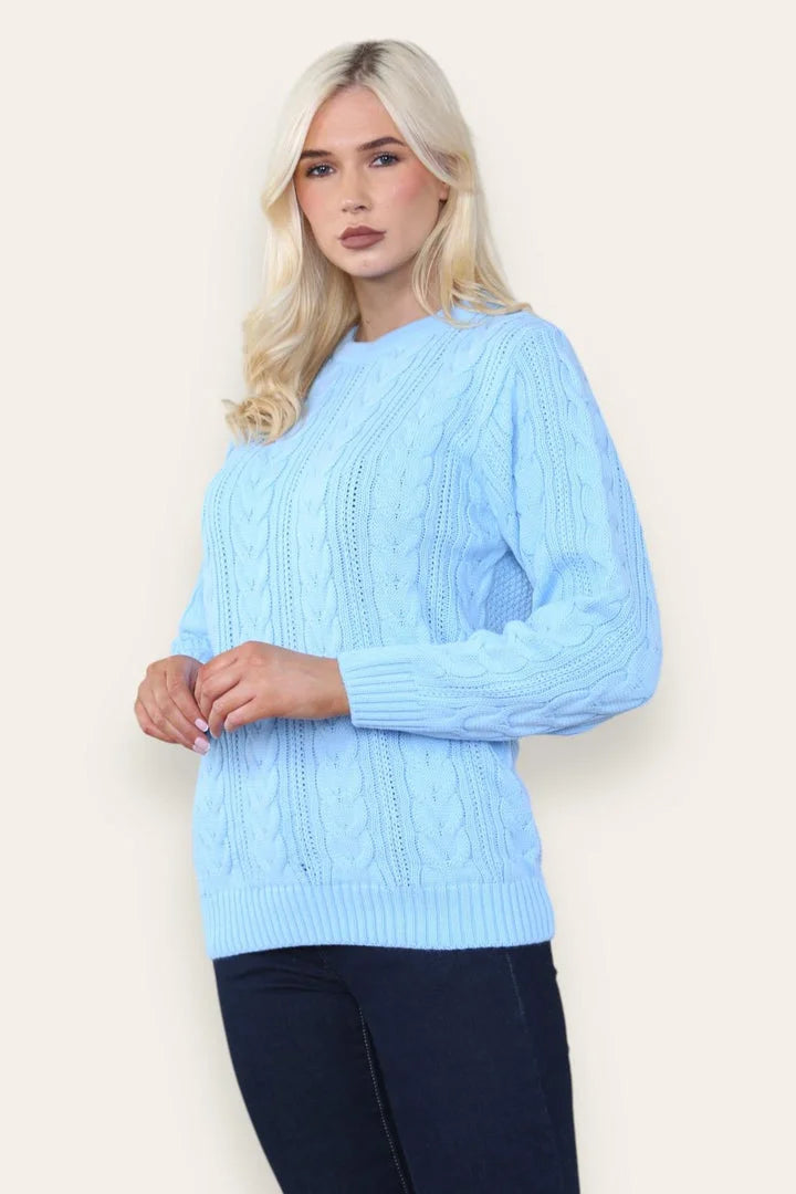 Ladies crew neck thick knit jumper in Sky Blue color
