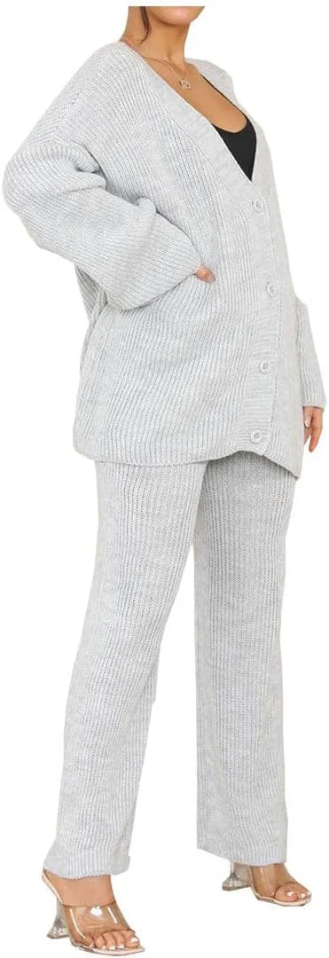 Ladies 2-piece Italian knitted cardigan and wide-leg loungewear co-ord tracksuit set in Grey color