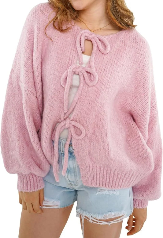 Women’s open front puff sleeve cardigan in Pink color