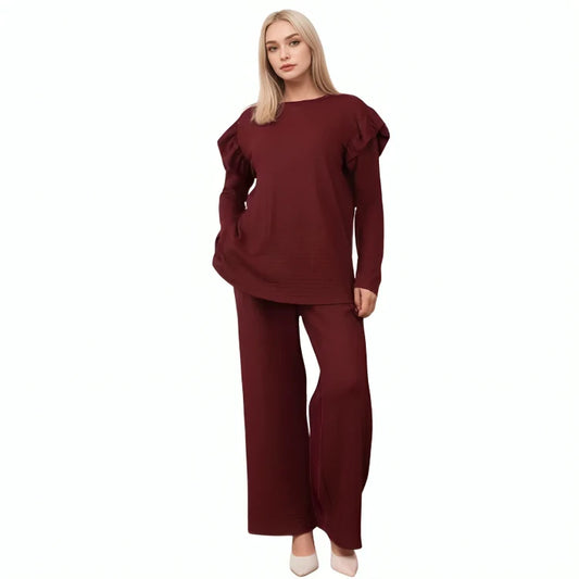 Ladies frill sleeve loungewear set in Wine color