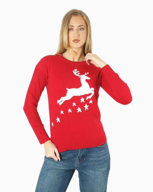 Women Reindeer Stars Red Jumper