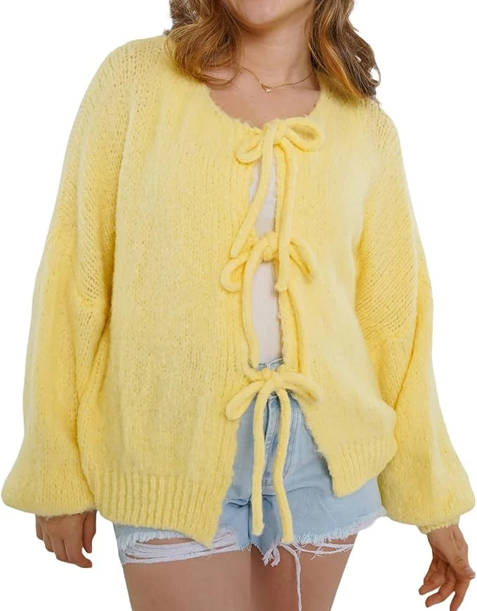 Women’s open front puff sleeve cardigan in Yellow color