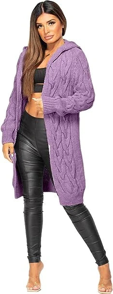 Ladies oversized long hooded cable knit cardigan in Lilac color