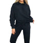 Ladies ruched sleeve hoodie and pants lounge set in Black color