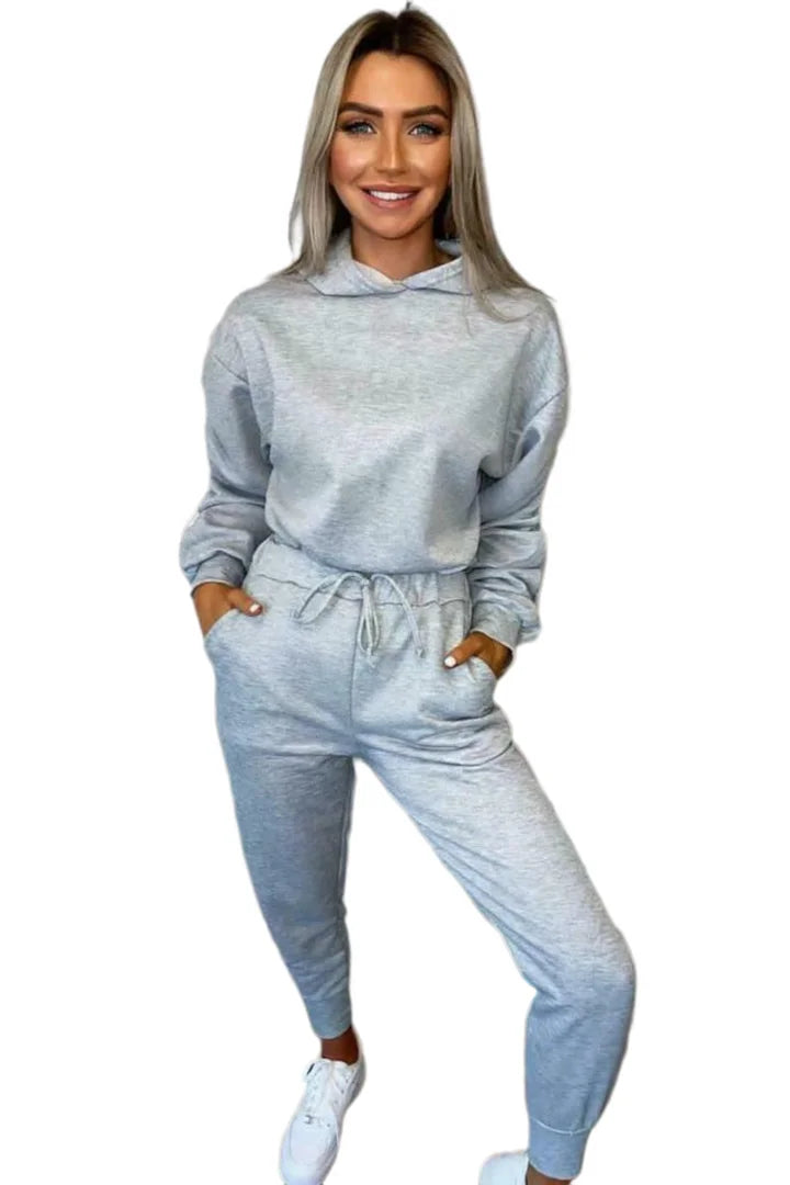 Ladies ruched sleeve hoodie and pants lounge set in grey color