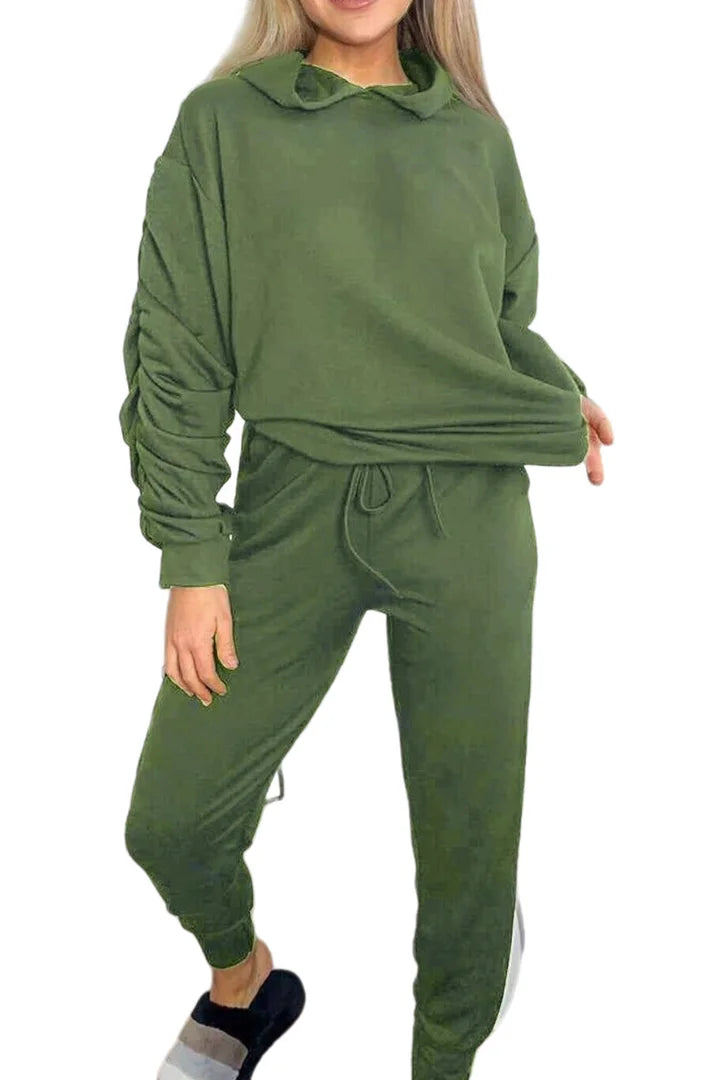 Ladies ruched sleeve hoodie and pants lounge set in Khaki color