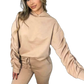 Ladies ruched sleeve hoodie and pants lounge set in Stone color