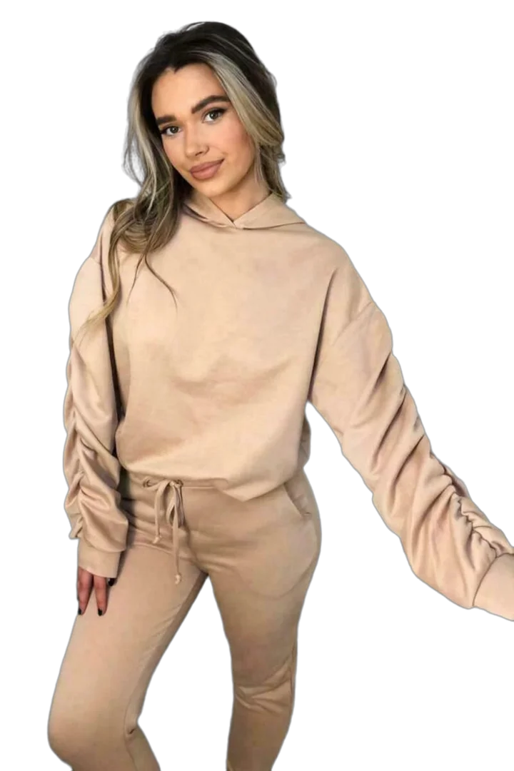 Ladies ruched sleeve hoodie and pants lounge set in Stone color