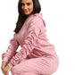 Ladies ruched sleeve hoodie and pants lounge set in Pink color