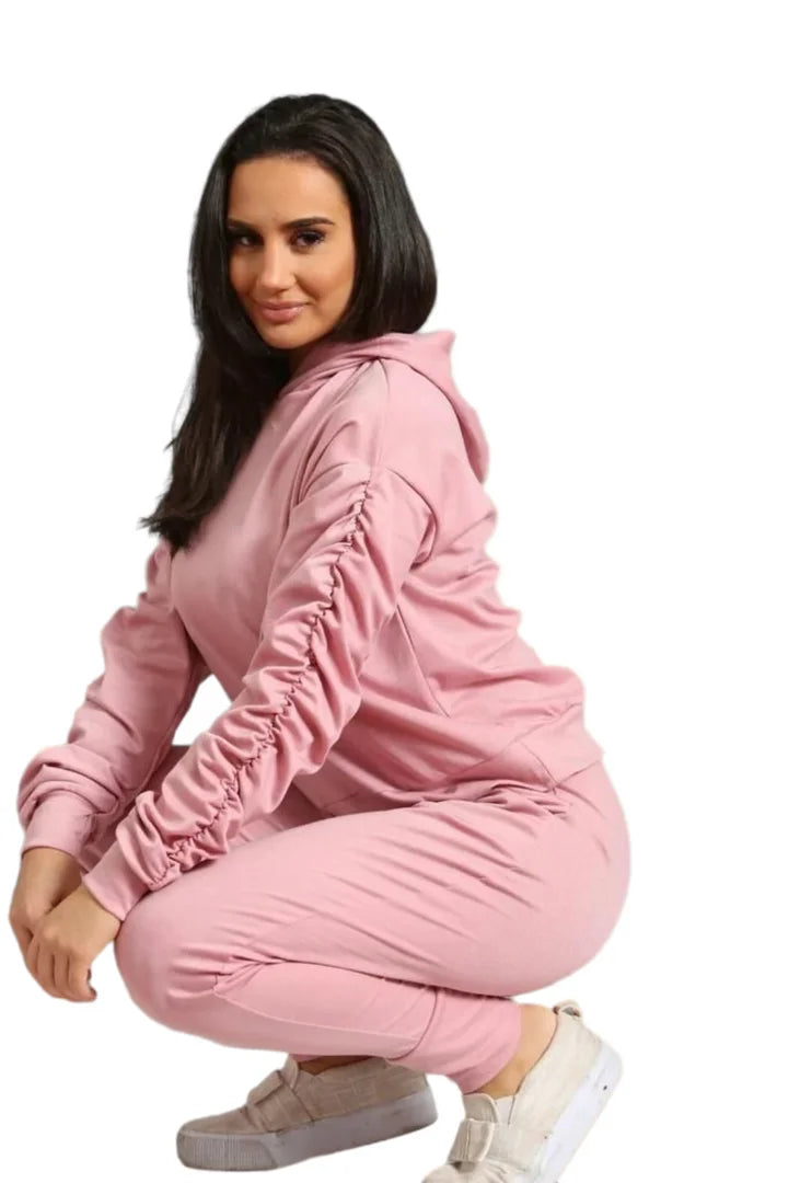 Ladies ruched sleeve hoodie and pants lounge set in Pink color