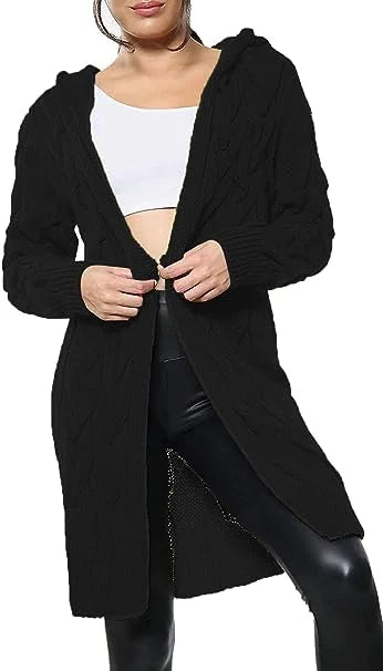 Ladies oversized long hooded cable knit cardigan in Black color