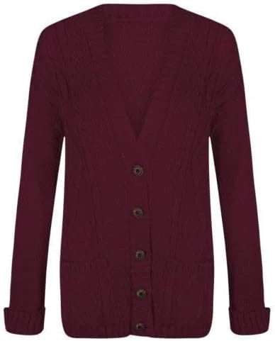 Women’s chunky Aran cable knit button cardigan in Wine color