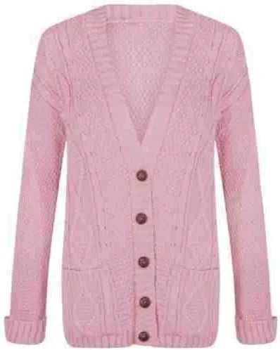 Women’s chunky Aran cable knit button cardigan in Pink color