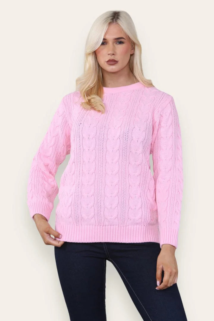 Ladies crew neck thick knit jumper in Pink color