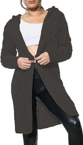 Ladies oversized long hooded cable knit cardigan in Charcoal color