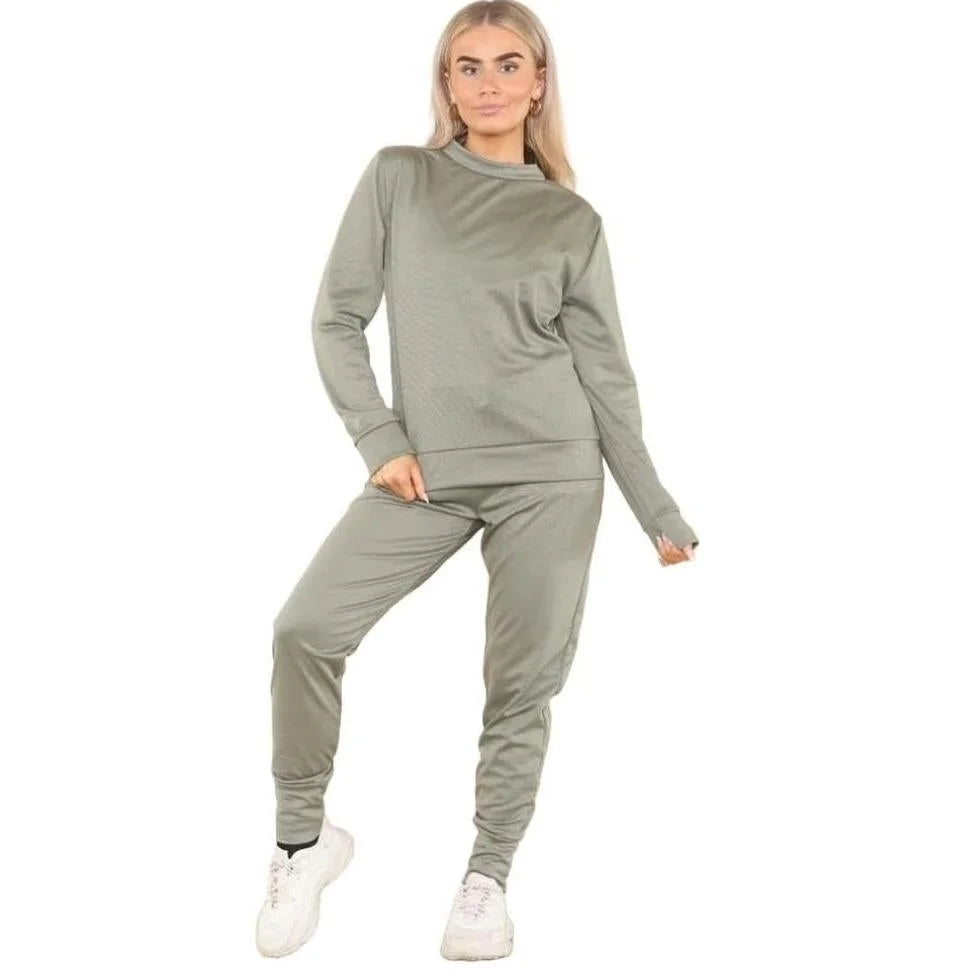 Ladies plain tracksuit joggers and sweatshirt in Khaki color