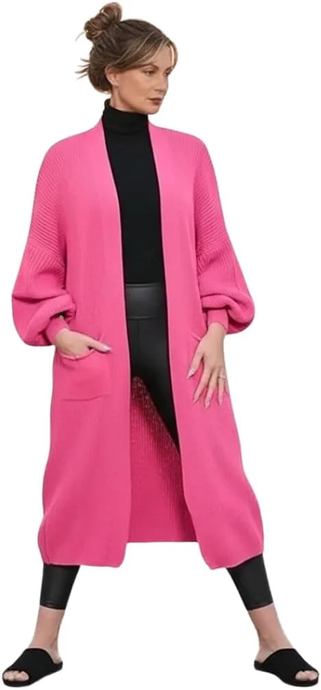 Ladies oversized long cardigan with balloon sleeves and chunky ribbed knit in Fuchsia color