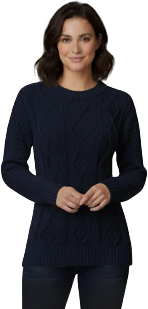 Ladies chunky diamond cable knit long sleeve sweater in Navy color