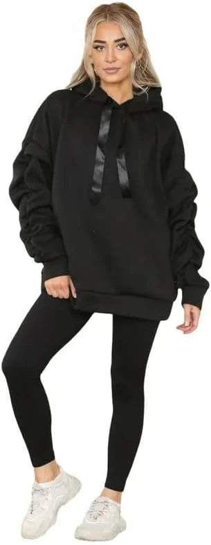 Women’s ruched sleeve oversized hoodie with ribbon detail in Black color