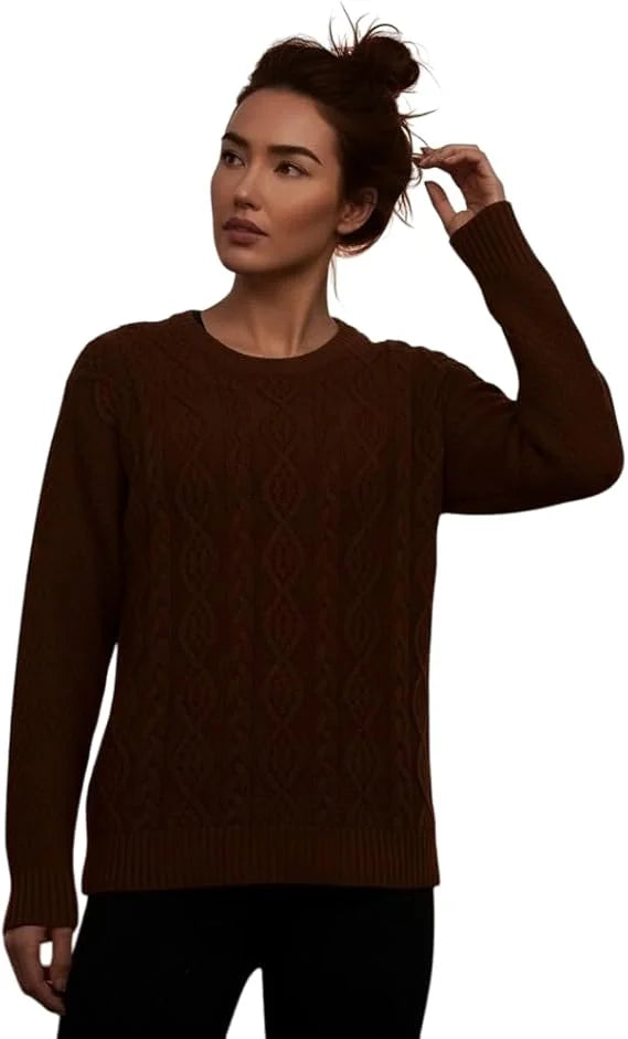 Ladies chunky diamond cable knit long sleeve sweater in Brown color