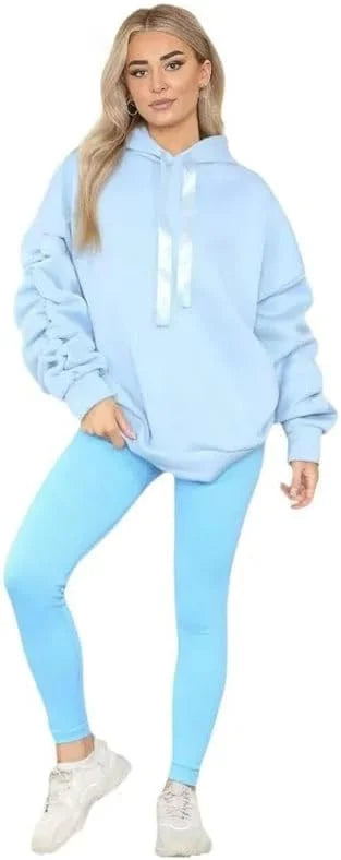 Women’s ruched sleeve oversized hoodie with ribbon detail in Sky Blue color