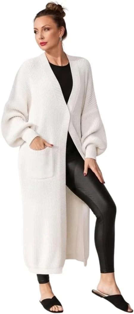 Ladies oversized long cardigan with balloon sleeves and chunky ribbed knit in Stone color