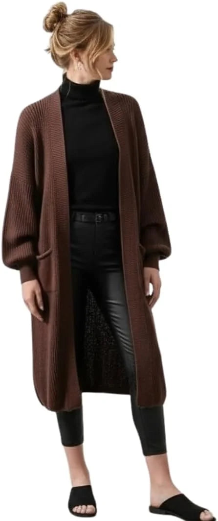 Ladies oversized long cardigan with balloon sleeves and chunky ribbed knit in Brown color