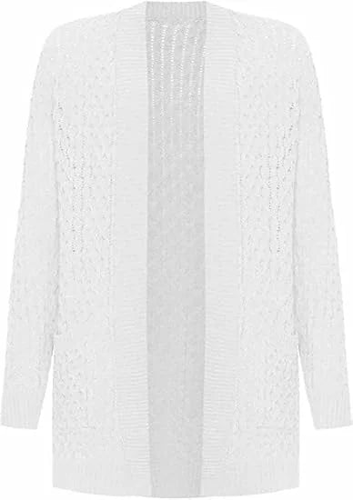 Women’s cable knitted open front cardigan with pockets in White color