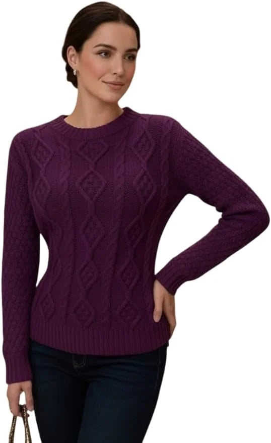 Ladies chunky diamond cable knit long sleeve sweater in Purple color