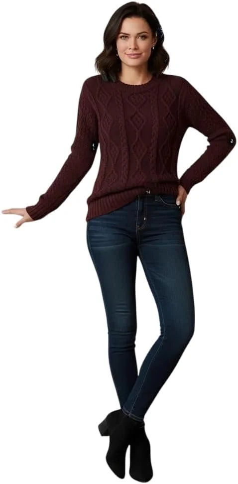 Ladies chunky diamond cable knit long sleeve sweater in Wine color