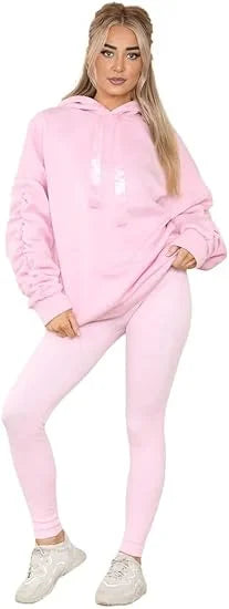 Women’s ruched sleeve oversized hoodie with ribbon detail in Pink color