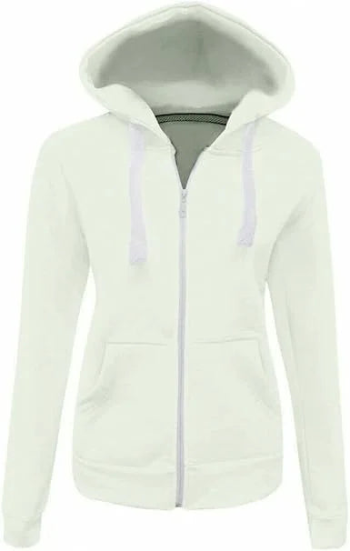 Ladies fleece hooded top with zipper in Cream color