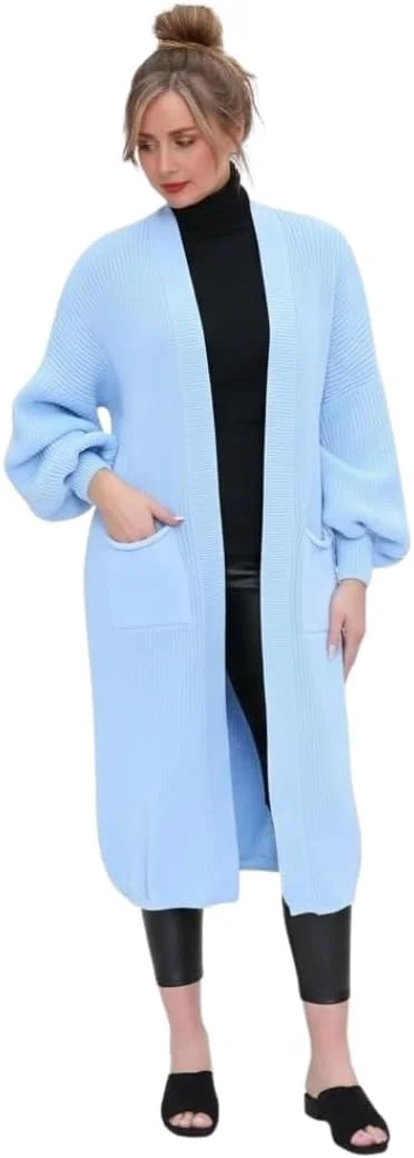 Ladies oversized long cardigan with balloon sleeves and chunky ribbed knit in Sky Blue color