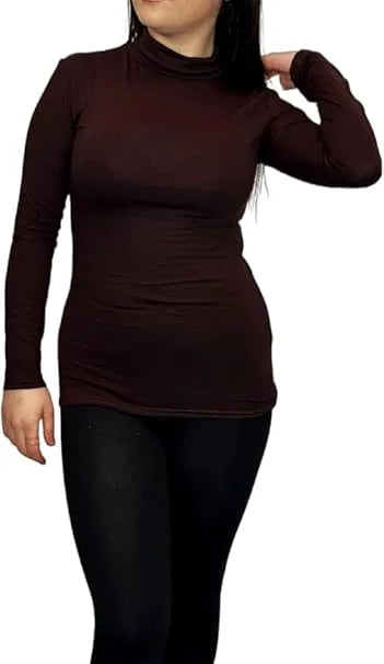 Ladies polo roll neck long sleeve jumper in Chocolate Brown color