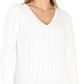 Ladies long sleeve V-neck cable knit jumper in Cream color