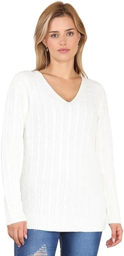 Ladies long sleeve V-neck cable knit jumper in Cream color