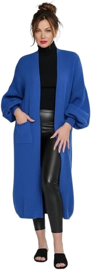 Ladies oversized long cardigan with balloon sleeves and chunky ribbed knit in Royal Blue color