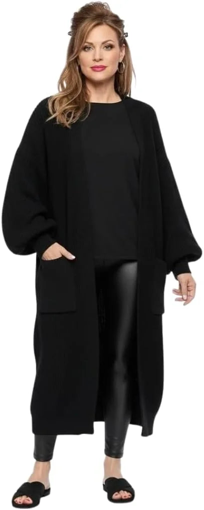 Ladies oversized long cardigan with balloon sleeves and chunky ribbed knit in Black color