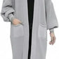 Ladies oversized long cardigan with balloon sleeves and chunky ribbed knit in Silver color